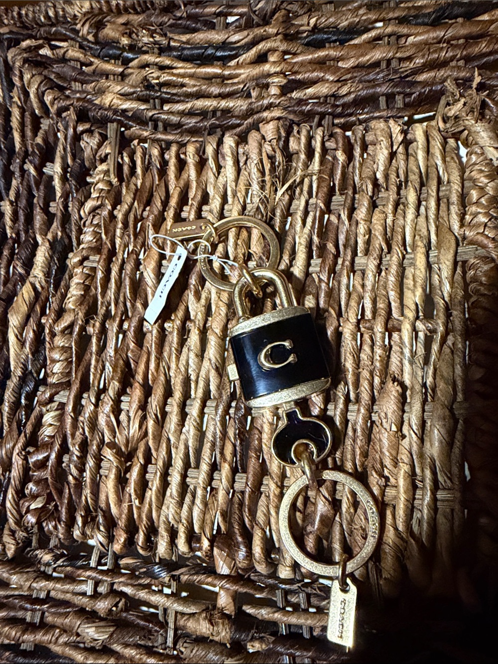 Coach Black and Gold Signature Padlock Key Fob BN